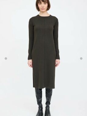 Cashmere Helmut Lang Knit Long-Sleeve Crewneck Dress in Dark Olive